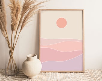 Abstract Pastel Landscape, Sun Art Print, Pastel Desert, Mountains Poster, Pastel Art, Wall Art, Minimal Shapes, Pastel Decor, Pink Prints