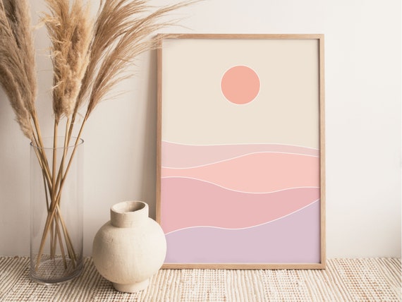 Abstract Pastel Landscape, Sun Art Print, Pastel Desert, Mountains Poster,  Pastel Art, Wall Art, Minimal Shapes, Pastel Decor, Pink Prints 