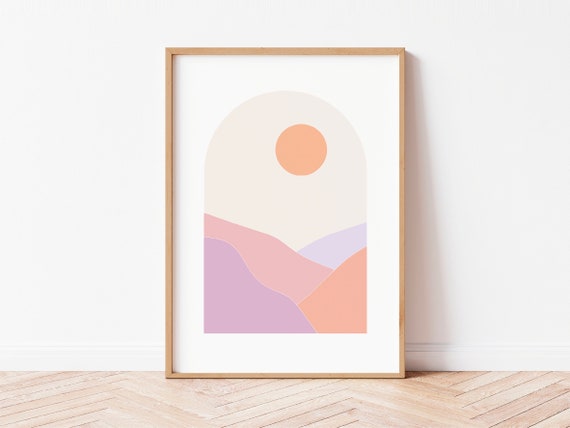 Abstract Pastel Landscape, Sun Art Print, Pastel Desert, Mountains Poster, Pastel Art, Wall Art, Minimal Shapes, Pastel Decor, Pink Prints