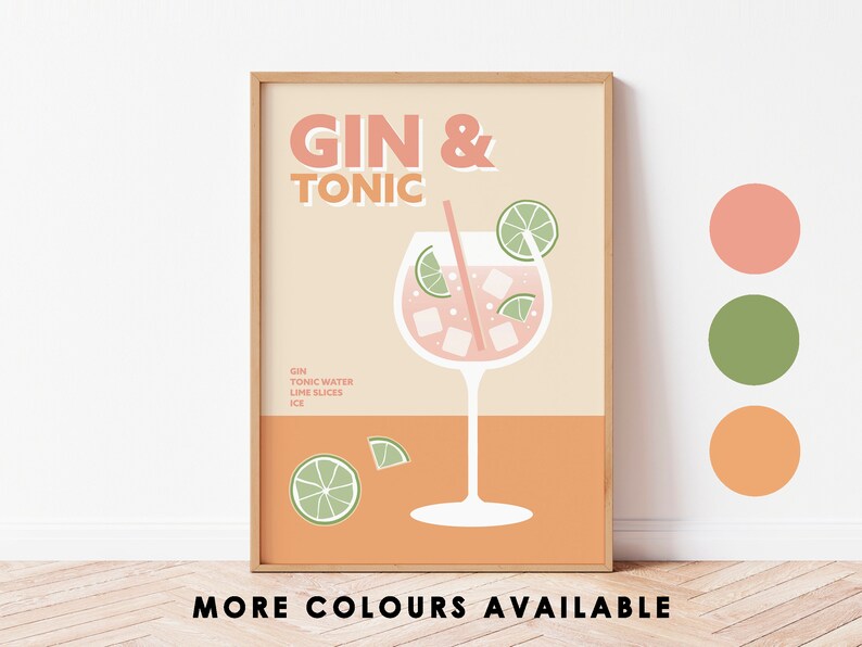 Retro Gin & Tonic Print, Cocktail Lover Gift image 5