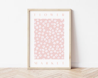 Pink Flower Market Print, Retro Floral Wall Decor