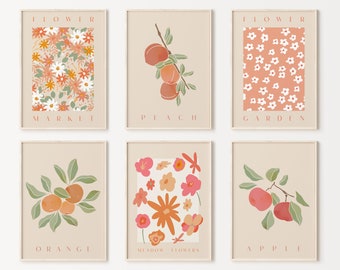 Flower Market Print Set, Set of 6, Flower Market Poster, Fruit Print, Flower Market, Retro Print, Retro Decor, Gallery Wall, Boho Home Decor