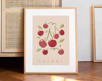 Cherry Illustration, Kitchen Print, Fruit Print, Wall Decor, Kitchen Decor, Dining Room, Colourful Food Poster, Fruit Wall Art, Botanical