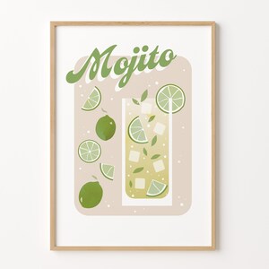 May include: A printable art print with a light pink background featuring a glass of mojito with lime slices and mint leaves. The text "Mojito" is written in green cursive letters.