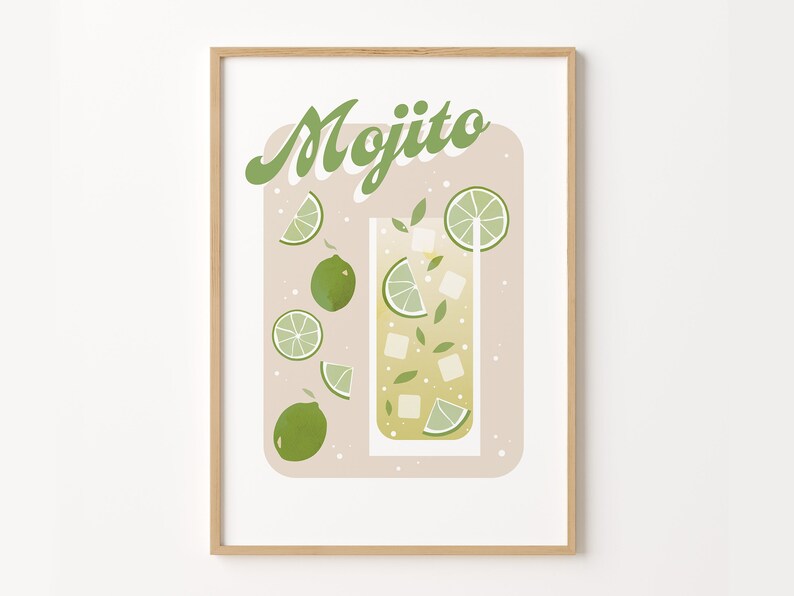 May include: A printable art print with a light pink background featuring a glass of mojito with lime slices and mint leaves. The text "Mojito" is written in green cursive letters.