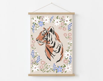 Tiger mit Blumen, Drucke Blumen, Dschungel Poster, Boho Home Décor, Tiger Art Print, Boho Print, Retro Prints, Wanddrucke