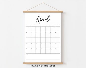 May include: A printable calendar for April with a simple black and white design. The calendar includes the days of the week, dates, and a notes section.