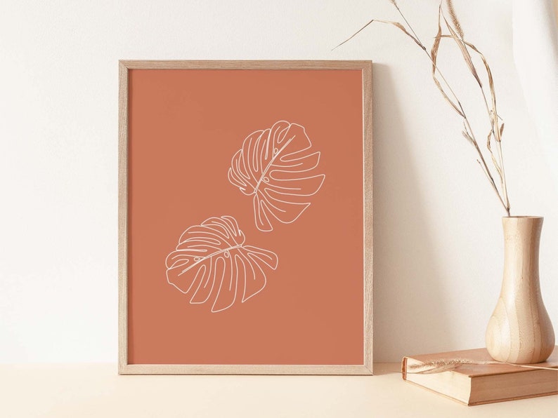 Botanical Line Art, Monstera Leaf, Boho Wall Prints, Minimalist Botanical Art, Large Botanical Wall Print, Plant Line Drawing, Leaves, Boho image 1