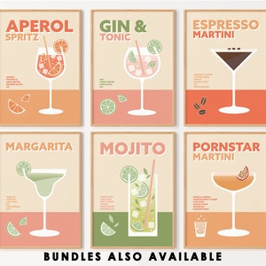 May include: Set of six printable cocktail posters with retro-style illustrations of popular drinks, including Aperol Spritz, Gin & Tonic, Espresso Martini, Margarita, Mojito, and Pornstar Martini. Each poster features the drink's name, ingredients, and a colorful illustration of the cocktail.