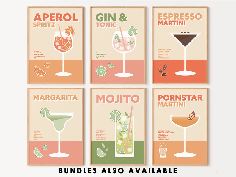 May include: Set of six printable cocktail posters with retro-style illustrations of popular drinks, including Aperol Spritz, Gin & Tonic, Espresso Martini, Margarita, Mojito, and Pornstar Martini. Each poster features the drink's name, ingredients, and a colorful illustration of the cocktail.