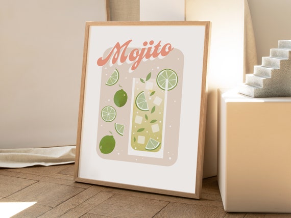 Retro Mojito Cocktail Print, Colorful Bar Wall Art