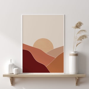 Sun Art Print, Abstract Desert, Sand Dunes Landscape, Mountains Poster, Warm Colors, Modern Wall Art, Minimal Shapes, Boho Illustration, Art