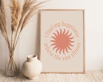 Retro Sun Art Print, 70s Style, Boho Wall Decor