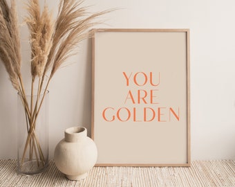 Wall Print, Typography Quote, You Are Golden, Typographic Wall Art, Boho Quote Wall Print, Art Print, Boho Decor, Living Room, Boho