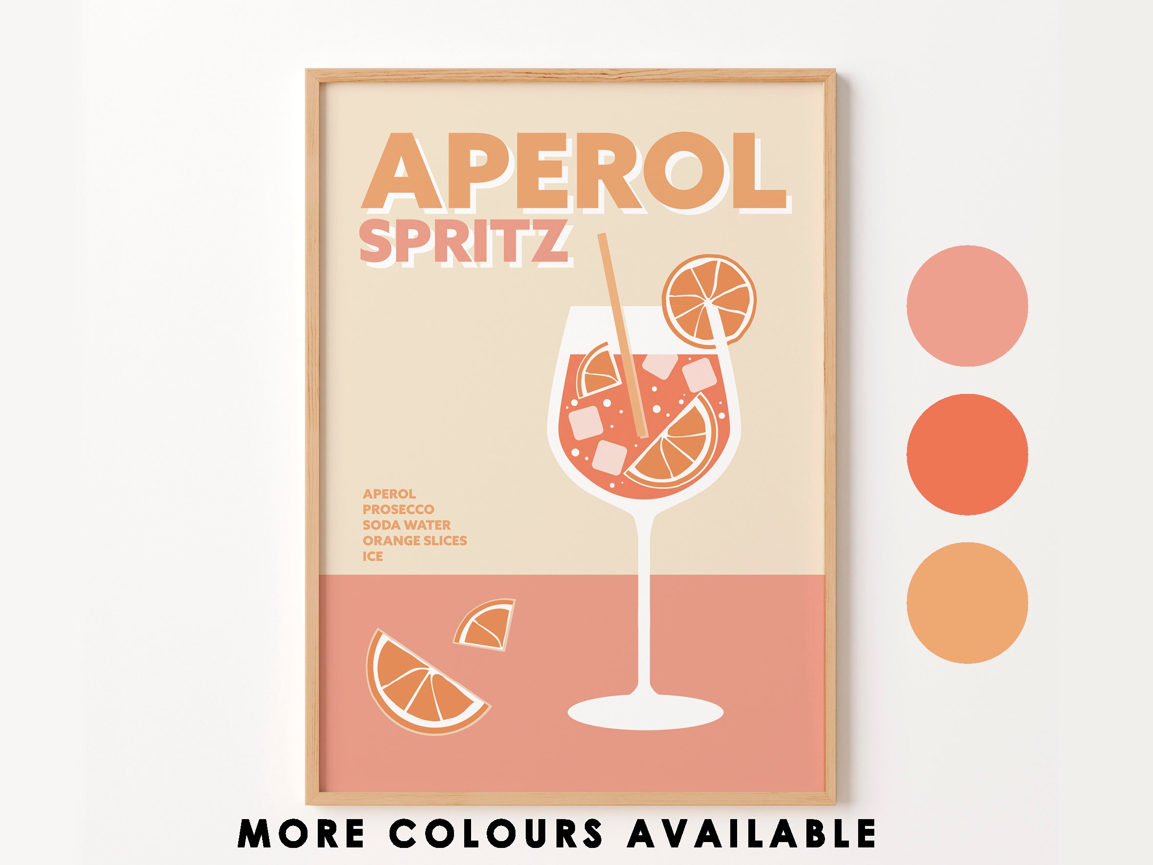Aperol Spritz Cocktail Art Print, Affiche de cuisine colorée rétro