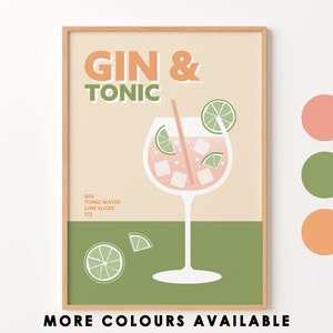 May include: A printable poster with a retro-style illustration of a gin and tonic cocktail. The poster features the text "GIN & TONIC" in a bold, colorful font. The illustration includes a glass of gin and tonic with lime slices, ice cubes, and a straw. The poster also includes the text "GIN, TONIC WATER, LIME SLICES, ICE" in a smaller font. The poster is available in multiple color options.