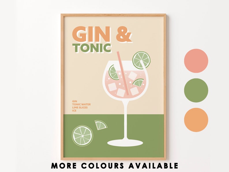May include: A printable poster with a retro-style illustration of a gin and tonic cocktail. The poster features the text "GIN & TONIC" in a bold, colorful font. The illustration includes a glass of gin and tonic with lime slices, ice cubes, and a straw. The poster also includes the text "GIN, TONIC WATER, LIME SLICES, ICE" in a smaller font. The poster is available in multiple color options.
