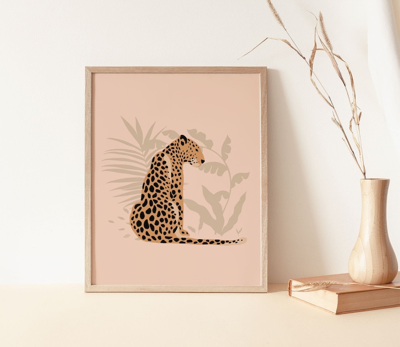 Leopard Wall Art, Boho Home Décor, Jungle Poster, Leopard Art Print, Boho Print, Plant Art Print, Home Decor, Tropical, Wall Print, Gift image 1