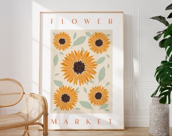 Flower Market Print, Sunflower Print, Flower Market, Retro Decor, Floral Print, Flower Market Poster, Boho Home Decor, Wall Prints, Retro