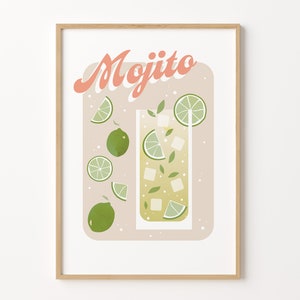 May include: A printable art print with a light pink background featuring a glass of mojito with lime slices and mint leaves. The text "Mojito" is written in a pink retro font.