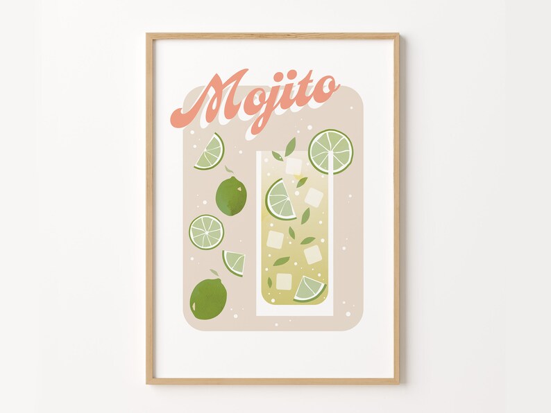 May include: A printable art print with a light pink background featuring a glass of mojito with lime slices and mint leaves. The text "Mojito" is written in a pink retro font.