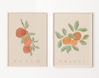 Set of 2 Fruit Prints, Orange Fruit Art Print, Kitchen Food Botanical Print, Peach Fruit Print Design, Orange Kitchen Poster, Wall Prints