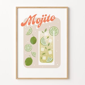 May include: A printable art print with a light brown background featuring a glass of mojito with lime slices and mint leaves. The text "Mojito" is written in a retro orange font.
