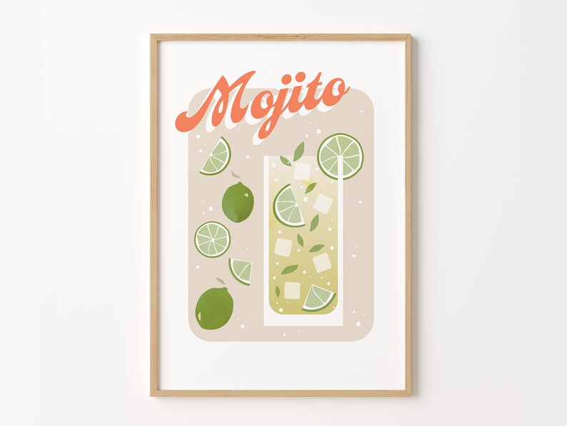 May include: A printable art print with a light brown background featuring a glass of mojito with lime slices and mint leaves. The text "Mojito" is written in a retro orange font.