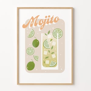 May include: A printable art print with a light brown background featuring a glass of mojito with lime slices and mint leaves. The text "Mojito" is written in a retro orange font.