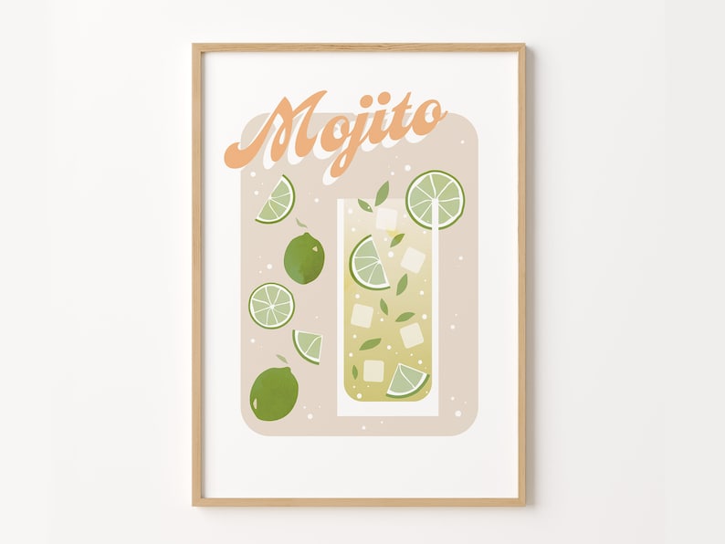 May include: A printable art print with a light brown background featuring a glass of mojito with lime slices and mint leaves. The text "Mojito" is written in a retro orange font.