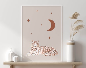 Jungle Tiger Print, Boho Nursery Decor, Moon Art