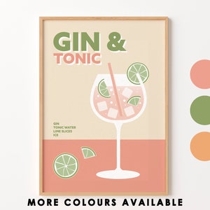 May include: A printable poster with a retro illustration of a gin and tonic cocktail. The poster features a glass of gin and tonic with lime slices and ice cubes. The text "GIN & TONIC" is in large, bold letters at the top of the poster. The poster is available in multiple color variations.