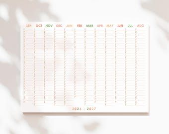 May include: A horizontal wall calendar for 2026-2027 featuring a grid layout with months from September to August displayed in columns. The text includes month abbreviations in orange and green, with corresponding numbered rows for daily planning.