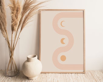 May include: A framed print with a minimalist design featuring a peach colored sun and crescent moons on a beige background with thin red lines.