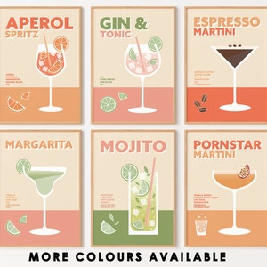 Cocktail Prints Gallery Wall, Cocktail Posters, Set of 6, Aperol Spritz, Retro Cocktail Prints, Wall Prints, Home Decor, Gift for Her