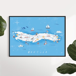 Korcula A5, A4 et A3 carte illustrée, impression d’art, géographie, Croatie, île, Hrvatska, art mural, décoration intérieure, typographie, affiche de carte de la ville