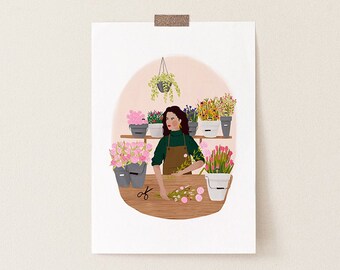 Florist A5, A4 and A3 art print, home decor, girl flower, floral, botanical, nature, gift women, florista, fleur, gift