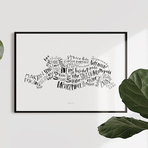 Split map A5, A4 et A3 art print - lettré à la main, typographie, minimal, élégant, art mural, décoration intérieure, cadeau femme, croatie, noir et blanc