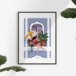 Catching the sun A5, A4 and A3 art print, sunshine, porto, balcony, plants, botanical, boho, portugal, summer, sun, girl gift women, decor