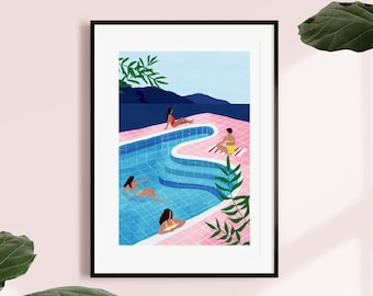 Pool Damen A5, A4 und A3 Kunstdruck, Wohnkultur, Poster, Pool, Mädchen, Sommer Poster, rosa, Frauen, Geschenk, Illustration, tropisch, Strand Poster