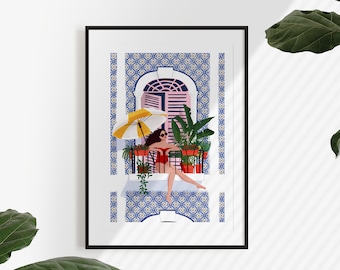 Atrapar el sol (impresión artística en tamaño A5, A4 y A3), sol, Oporto, balcón, plantas, botánico, bohemio, Portugal, verano, sol, regalo para niña y mujer, decoración