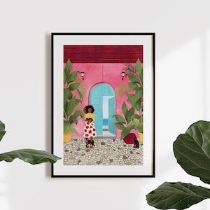 Cartagena life A5, A4 and A3 art print - home decor, illustration, pink, girl, plant lover gift, plants, botanical, cat, black woman