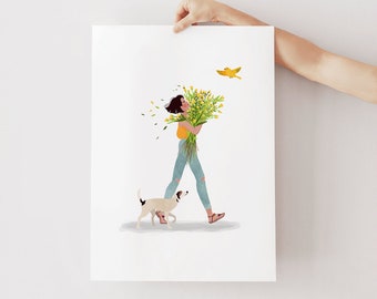Spring walk A5, A4 and A3 art print, Dog Lover Gift, Girl and Dog Print, Dog Mom Gift, Dog Birthday Gift, Animal Lover, Pet Lover Art