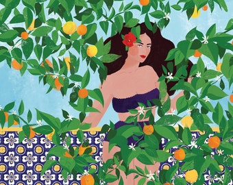 Sevilla girl A5, A4 and A3 art print, illustration, spain, oranges, gift woman, home decor, plant, botanical, tiles, espagna, maroccan tiles