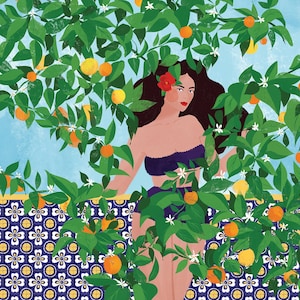 Stampa artistica di ragazza di Siviglia in formato A5, A4 e A3, illustrazione, Spagna, arance, regalo donna, arredamento per la casa, pianta, botanica, piastrelle, Spagna, piastrelle marocchine