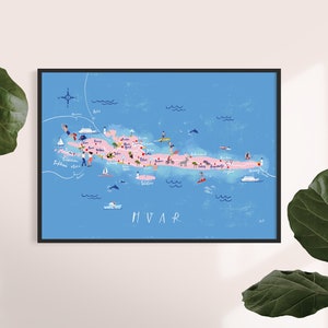 Hvar A5, A4 und A3 illustrierte Karte, Kunstdruck, Dekor, Kroatien, Kinderposter, Insel, Hrvatska, Stadtplan, Geschenk, Reise, Wanderlust, Sommer