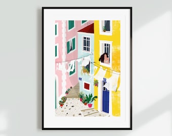 Lámina artística Chillin' A5, A4 y A3, decoración del hogar, Alfama, ilustración, niña, ciudad, calle, Portugal, póster, arte mural, arquitectura, planta