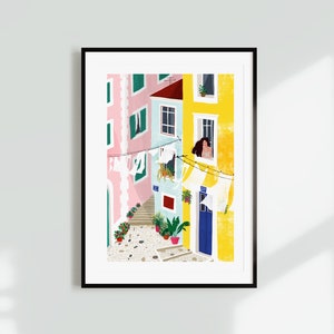 Stampa artistica Chillin' A5, A4 e A3, arredamento per la casa, Alfama, illustrazione, ragazza, città, strada, Portogallo, poster, arte murale, architettura, pianta