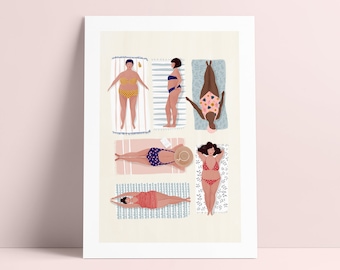 Beach goddess A5, A4 and A3 art print, beach print, wall art, women gift, body confidence, self care, summer poster, curvy ladies