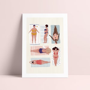 Beach goddess A5, A4 and A3 art print, beach print, wall art, women gift, body confidence, self care, summer poster, curvy ladies